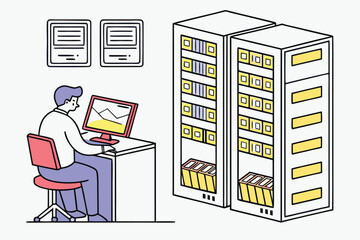 Poster - Person working on computer at desk with documents and shelves storing files in a tidy office environment during daytime
