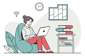 Aufkleber - Comfortable workspace featuring a woman using a laptop while sitting in a cozy chair with books and a clock nearby