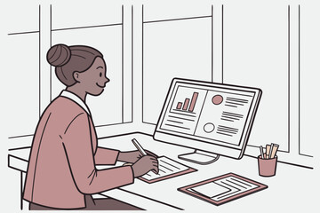 Poster - Professional woman working at a desk reviewing data charts on a computer while taking notes with a pen in a bright office