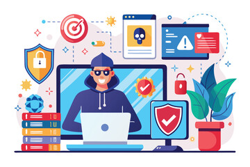 Poster - Young person working on a laptop surrounded by cybersecurity icons, illustrations of security shields, and books in a modern digital workspace setting