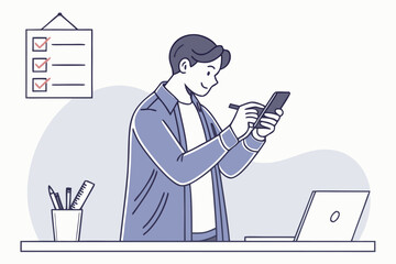 Poster - Young man engaging in digital note-taking while standing at a desk with a laptop and checklist on the wall during daytime