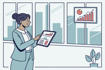 Poster - Business professional presents data analysis with tablet in modern office space during daytime, showcasing growth trends on display