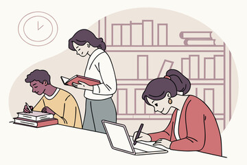 Poster - Students engaged in studying, reading, and note-taking in a library environment during the afternoon hours