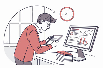 Poster - Professional working on data analysis using a tablet while looking at a computer screen displaying graphs in a modern office