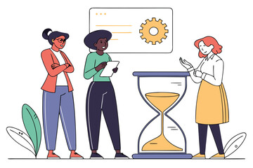 Poster - Discussion among three women about time management strategies and productivity in a professional setting with an hourglass in focus