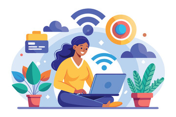 Poster - Woman working on laptop surrounded by plants and digital elements in a colorful, creative workspace during a bright day
