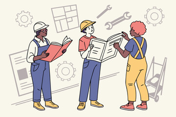Poster - Workers collaborating on a construction project while discussing plans and safety guidelines in a work environment