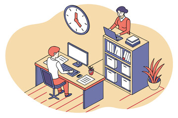 Poster - Office workspace with two individuals focusing on their tasks, one at a computer and another using a laptop in a well-organized environment featuring plants and a clock