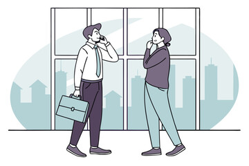 Aufkleber - Business meeting occurs between two professionals in an office setting as one talks on the phone and the other listens attentively