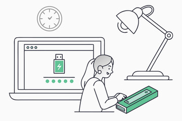 Poster - Person working at a desk with a laptop, lamp, and organizational tools while managing a charging device, showcasing productivity in a home office setting
