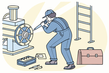 Poster - Mechanic using a flashlight to inspect machinery during afternoon repairs at an industrial site with essential tools and equipment nearby