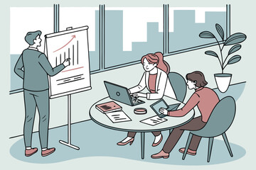 Aufkleber - business team discussing growth strategies in a modern office setting with charts and technology in 