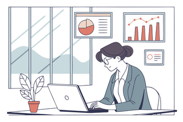 Poster - Professional woman working on laptop in modern office with charts and plants during daytime