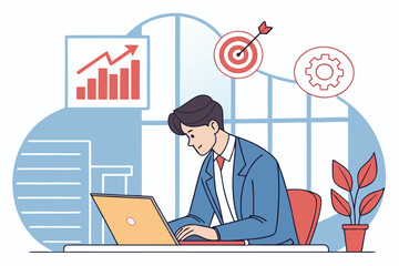 Poster - Professional man working on laptop in modern office setting, analyzing data charts and focusing on targets for business growth and improvement strategies