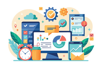 Poster - Visual representation of digital analytics process with charts and tools in a modern office setting showcasing data analysis and productivity improvements