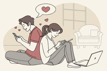 Poster - Couple enjoying quality time together while using devices in cozy living room during afternoon