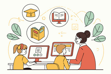 Poster - Students engage in learning at computers while a teacher guides them in a classroom environment emphasizing education and interactive technology