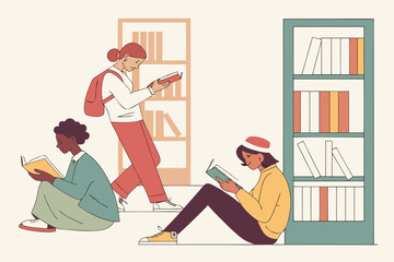 Poster - Students engaged in reading books in a cozy library space during the afternoon, showcasing diverse interests and study habits among peers