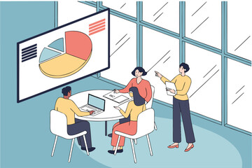 Poster - Team collaborates during a business meeting in a modern office setting with presentations and laptops involved