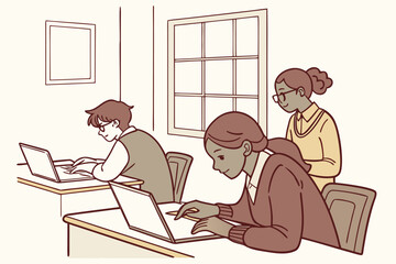 Poster - Students engaged in online learning in a classroom with computers, focused on their tasks during a weekday morning session