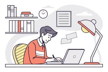 Poster - Young man working diligently at a desk with a laptop, clock on the wall, and bookshelves in a modern home office setting