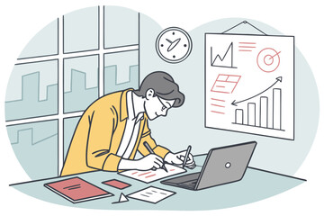 Poster - Professional man working at desk with laptop and charts in office, analyzing data and planning for business growth during daytime