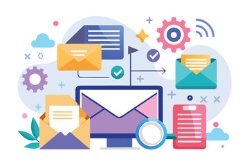 Fototapete - Digital workspace showcasing email management tools with envelopes, documents, and visual elements representing communication and organization