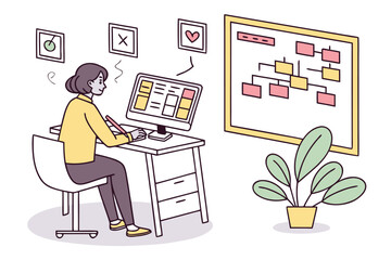 Fototapete - Woman working at a desk with a computer, organizing tasks and managing projects in a bright and modern workspace