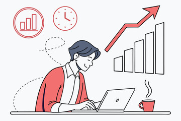 Poster - Business professional working on a laptop while enjoying coffee and tracking growth data in a modern office environment during the day