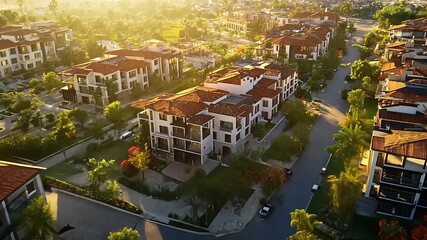 Aerial view of a modern residential neighborhood with lush greenery and sunset in the background