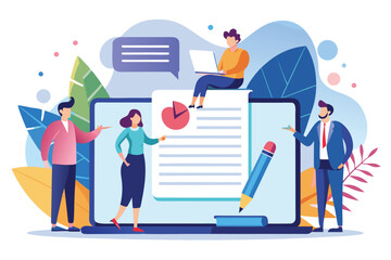 Poster - Collaboration on data analysis and reporting by diverse professionals at a digital workspace featuring a laptop and modern graphics
