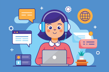Aufkleber - Student engaged in online learning while wearing headphones and interacting with various digital elements in a colorful workspace