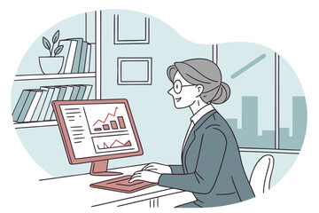 Poster - Professional woman analyzing data on computer in modern office setting during work hours