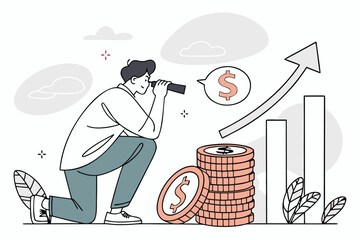 Poster - Character observing financial growth with a telescope near stacks of coins and rising graph