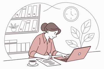 Aufkleber - Woman working on a laptop while taking notes in a cozy office space during the afternoon