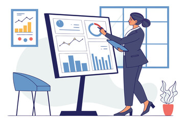 Poster - Business presentation featuring a woman analyzing data and charts in a modern office setting during daytime with natural light