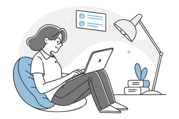 Poster - Person working on a laptop while seated comfortably in a bean bag in a cozy indoor workspace during the day