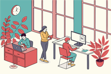 Poster - Team members collaborate in a modern office space while actively engaging with technology and each other during a productive workday