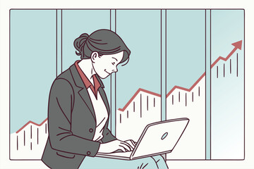 Poster - Business professional analyzing data trends on a laptop while seated, showcasing growth on screen in a modern workspace environment