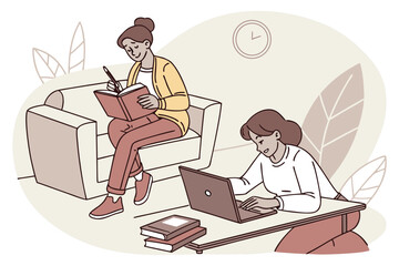 Aufkleber - Two women engaged in study activities at home in a cozy living room, one reading a book while the other works on a laptop