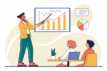 Poster - Business presentation in a modern office with a speaker and audience engaged in discussion about growth and trends