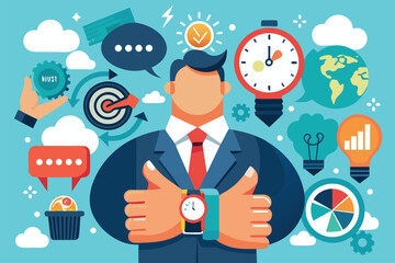 Poster - Businessman surrounded by symbols of productivity and time management with charts and ideas displayed in a bright, modern illustration