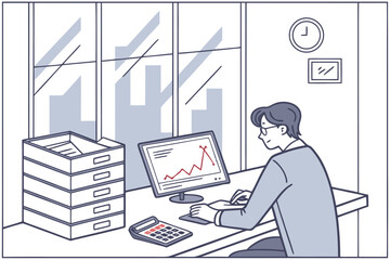Poster - Professional workspace featuring a man analyzing financial data on a computer with a view of the city skyline during daylight hours