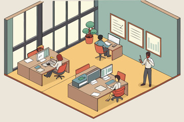Poster - Working professionals engaged in various tasks in a modern office environment during daytime
