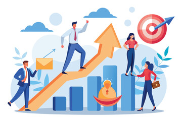 Poster - Business professionals collaborating on growth strategies with an upward trend, displayed through charts and graphs, set in an office environment during daytime
