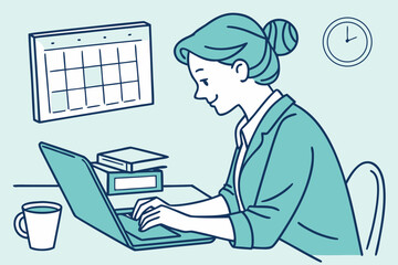 Poster - Young professional woman working on laptop at desk with calendar, clock, and coffee cup during daytime in a modern office setting