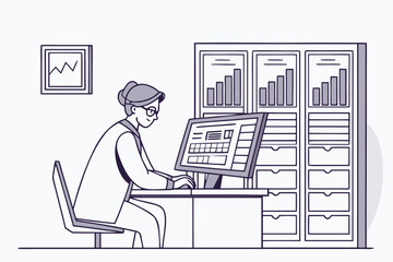 Poster - Professional woman working at a desk with computer in a modern office environment during daytime, engaged in data analysis and management tasks