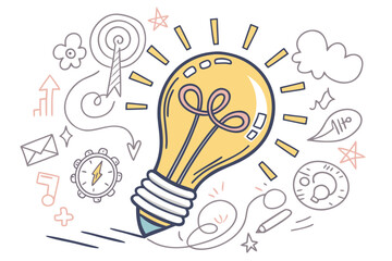 Poster - Creative light bulb illustration representing ideas and innovation with various doodle elements in a bright style