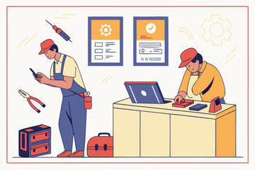 Poster - Technicians working in a repair shop on electronic devices during daylight hours, engaging in maintenance and troubleshooting tasks with tools in a modern workspace