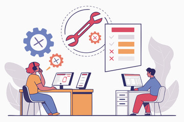 Poster - Collaboration on software development and troubleshooting in a modern office setting with programmers engaged in problem-solving tasks